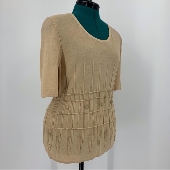 Betty Barclay Lightweight Short Sleeve Tan Sweater with Bead Accents, Small - Picture 14 of 16